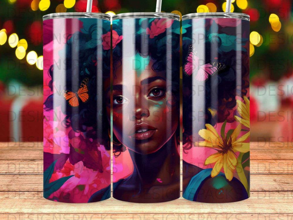 Woman with colorful flowers and butterflies, digital art.