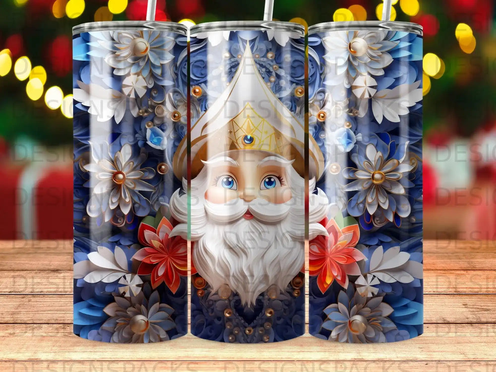 Santa Claus face with blue floral and white snowflake background.