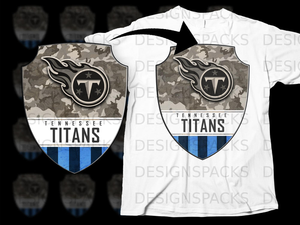 Tennessee Titans logo with camouflage and blue stripes on a white t-shirt.