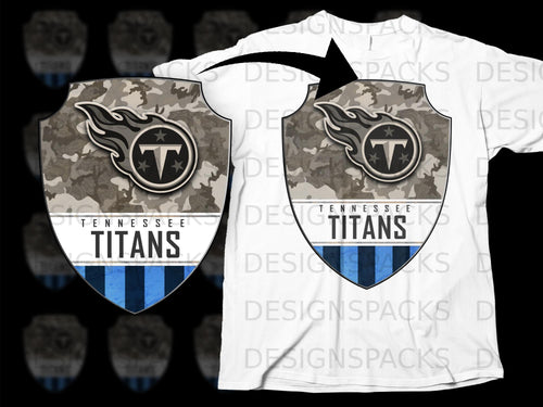 Tennessee Titans logo with camouflage and blue stripes on a white t-shirt.