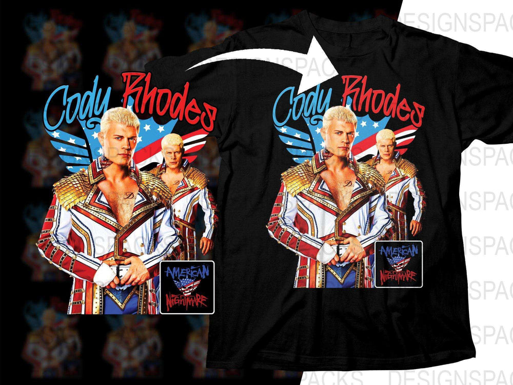 Cody Rhodes American Nightmare wrestling design on black t-shirt, print-ready for DTG or DTF