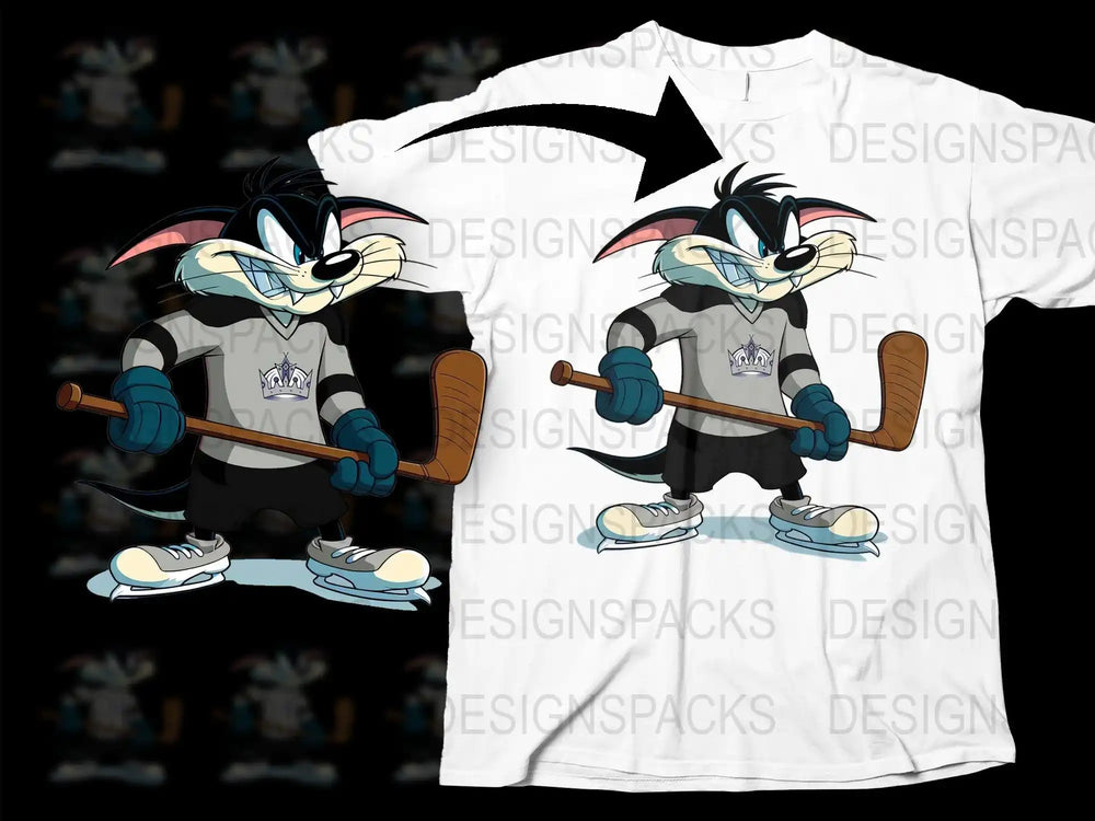 Sylvester the Cat hockey design on white t-shirt, print-ready for DTG/DTF