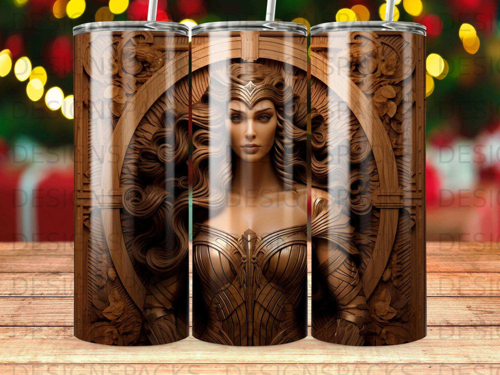 Wonder Woman portrait in intricate wooden circular frame, against bokeh lights.