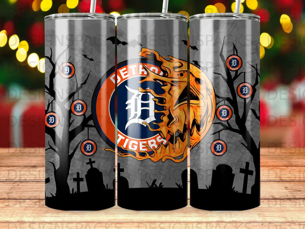 Detroit Tigers logo on a spooky Halloween-themed tumbler design.