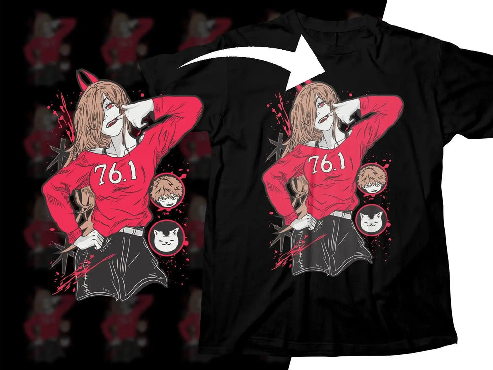 Anime girl in red 76.1 shirt, dabbing pose, with cat and character icons, printed on black t-shirt