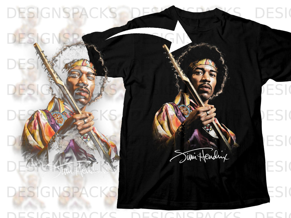 Black t-shirt with Jimi Hendrix graphic and signature.