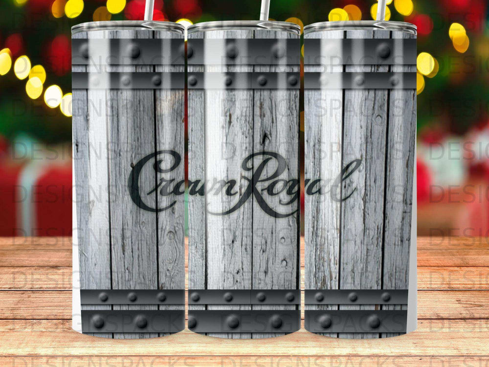 Crown Royal tumbler with distressed wood and metal barrel accents.