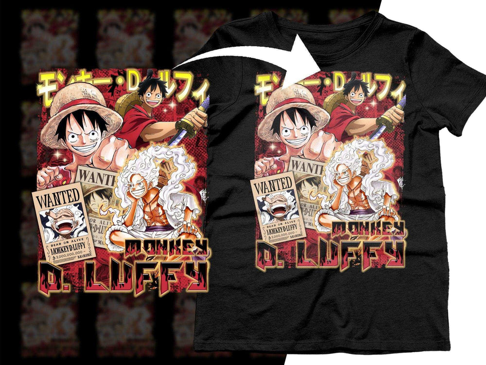 Monkey D. Luffy anime t-shirt design with wanted posters, print-ready for DTF DTG