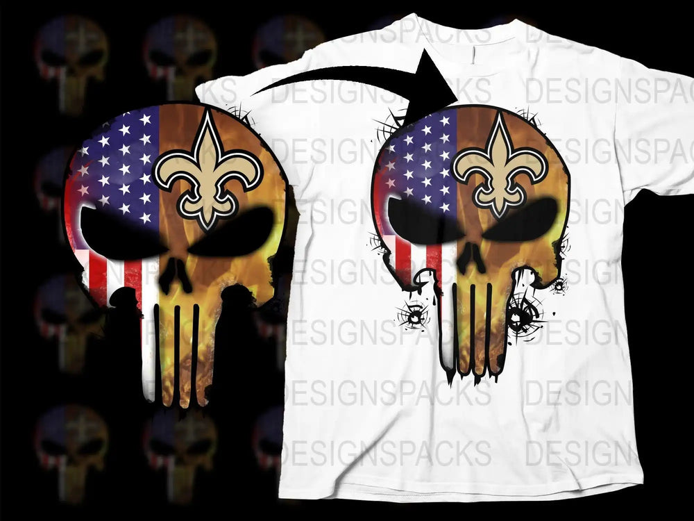 American flag skull with fleur-de-lis design on white t-shirt, print-ready graphic