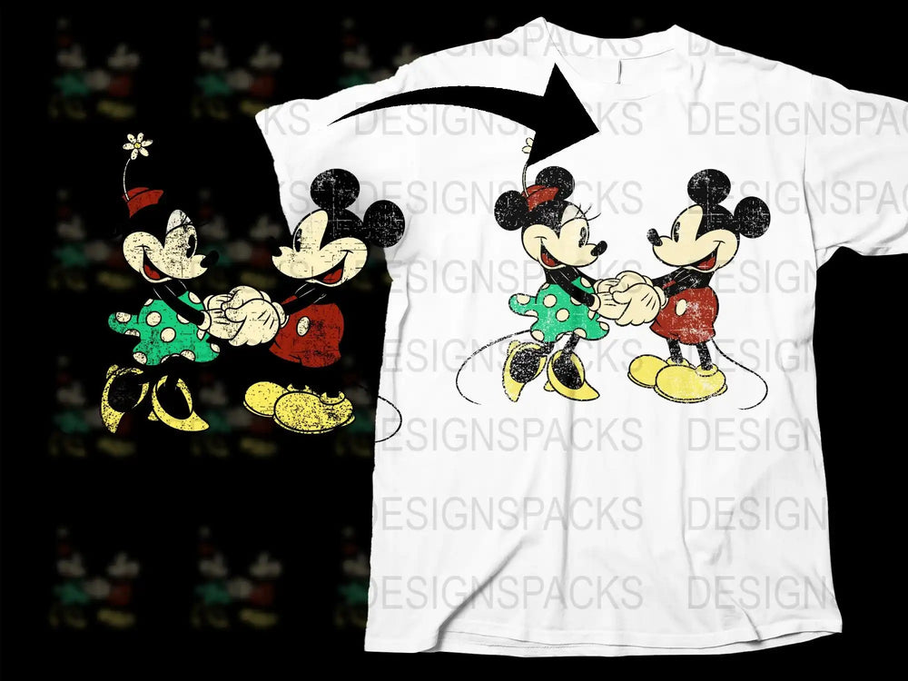 Mickey and Minnie Mouse vintage design on white t-shirt, print-ready for DTG or DTF