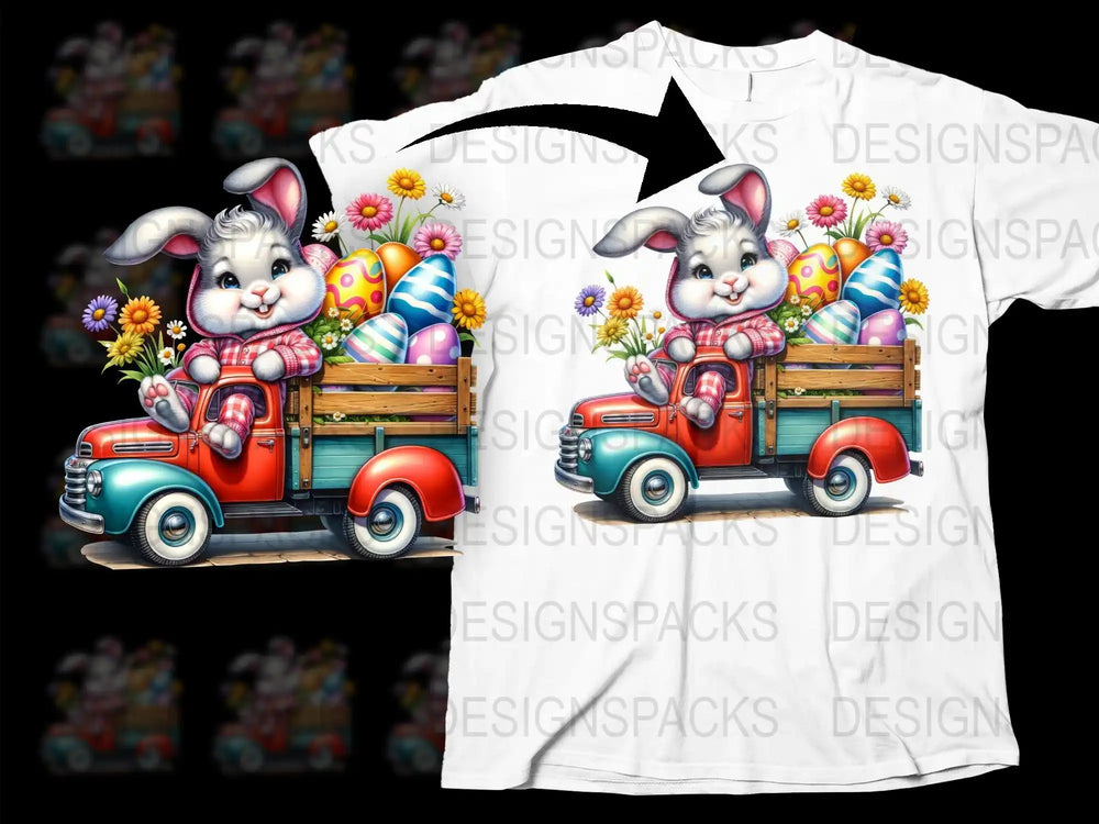 Easter bunny in red truck with colorful eggs and flowers, print-ready design for t-shirts