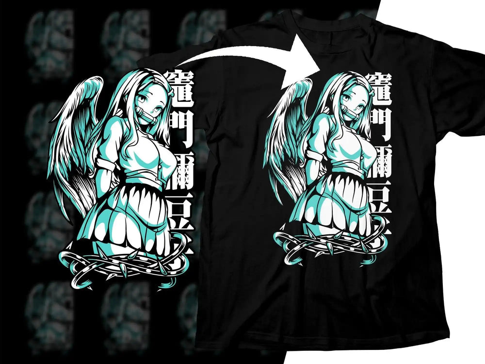 Anime angel t-shirt design with teal wings and barbed wire, print-ready graphic for DTG/DTF