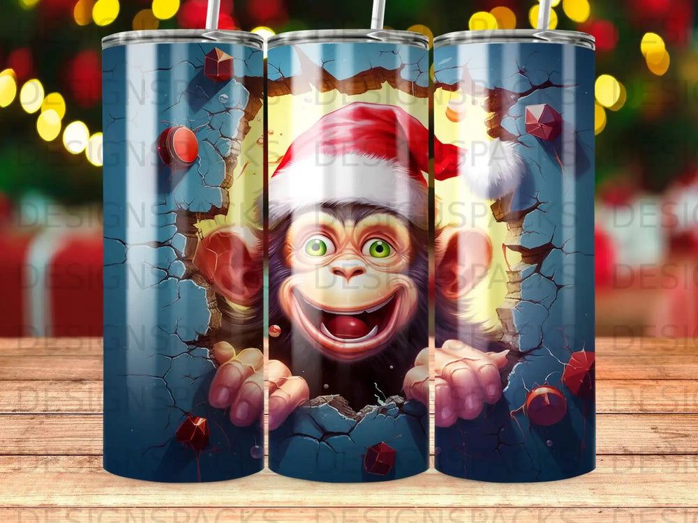 Monkey wearing a Santa hat, peeking through cracked blue wall.