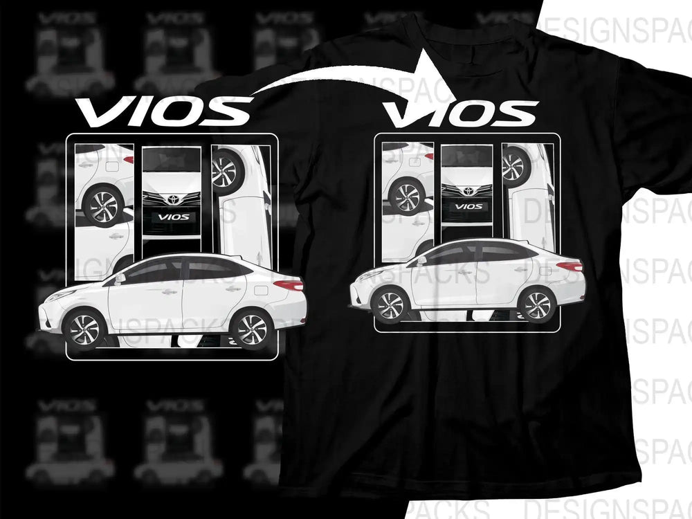 Toyota Vios car design on black t-shirt, print-ready graphic for DTG/DTF