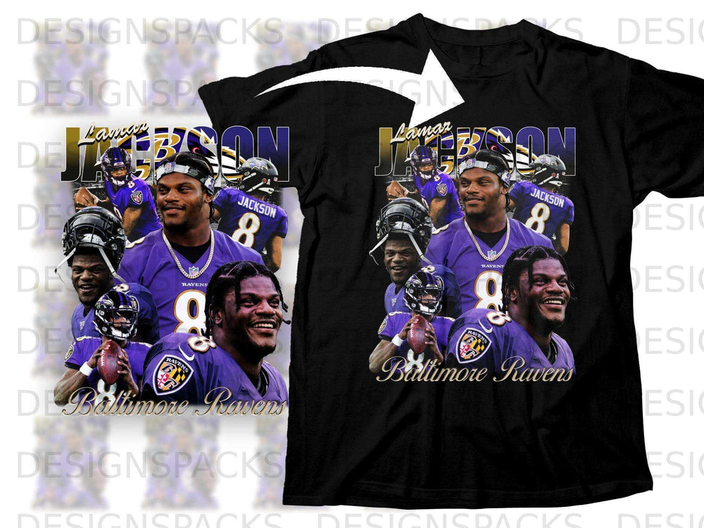 Lamar Jackson on Baltimore Ravens t-shirt with "Baltimore Ravens" text.
