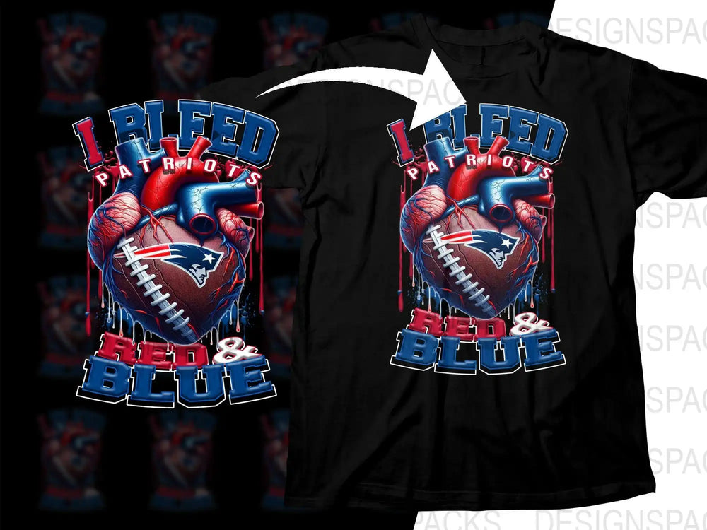 I Bleed Patriots Red & Blue football heart design on black t-shirt