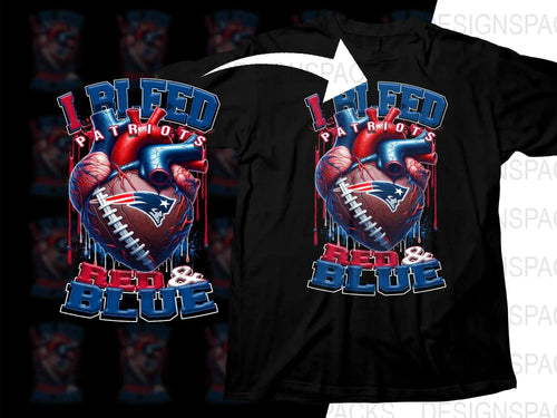 I Bleed Patriots Red & Blue football heart design on black t-shirt