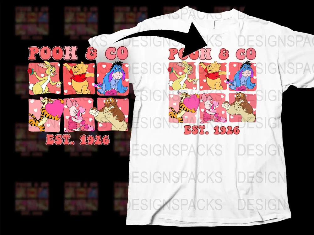 Pooh & Co Valentine’s Day t-shirt design with Winnie the Pooh, Tigger, Eeyore, Piglet, Rabbit, Owl — EST. 1926
