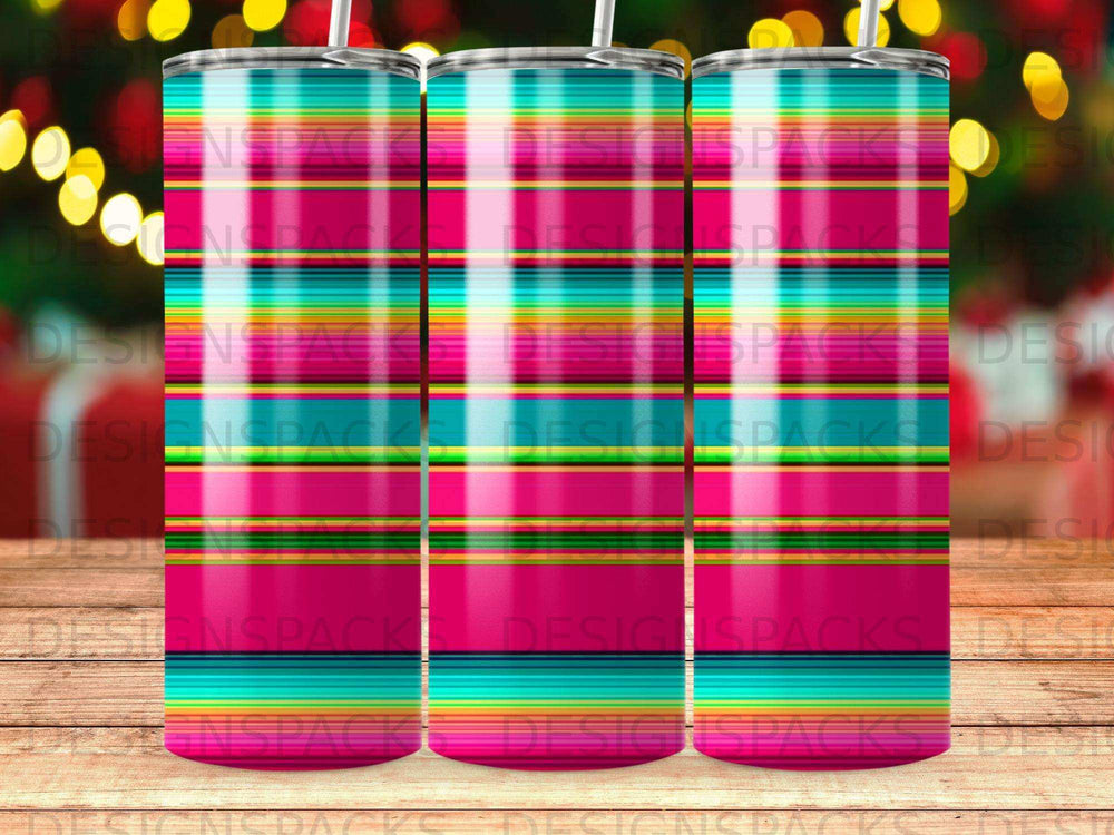 Three tumblers with a horizontal striped pattern of green, pink, and blue.