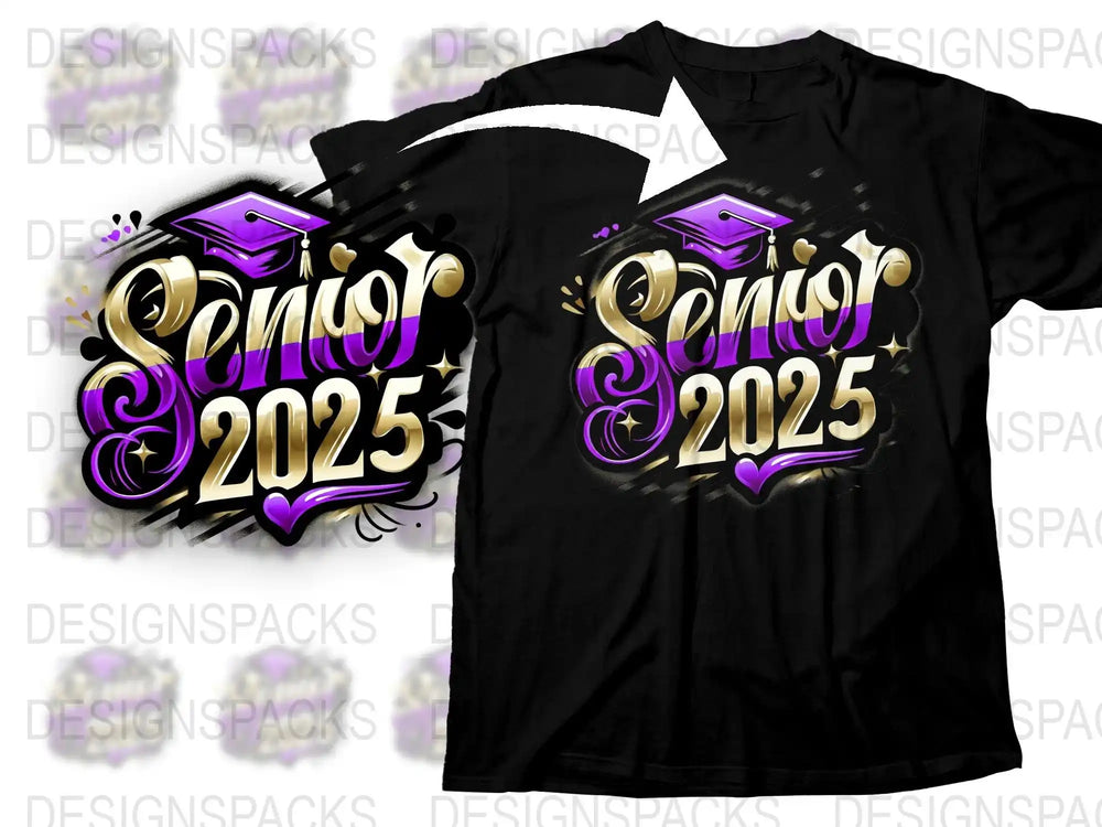 Senior 2025 graduation design on black t-shirt with purple and gold accents