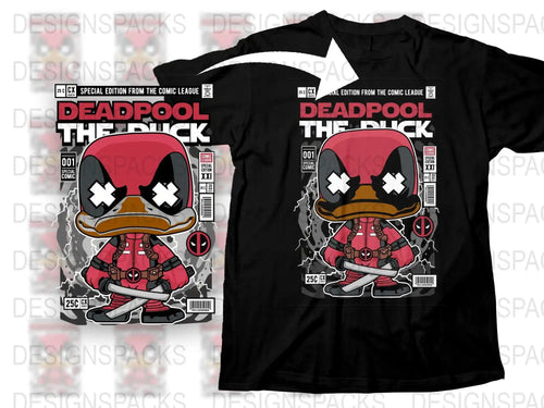 Deadpool the Duck comic design on black t-shirt, print-ready graphic for DTG/DTF