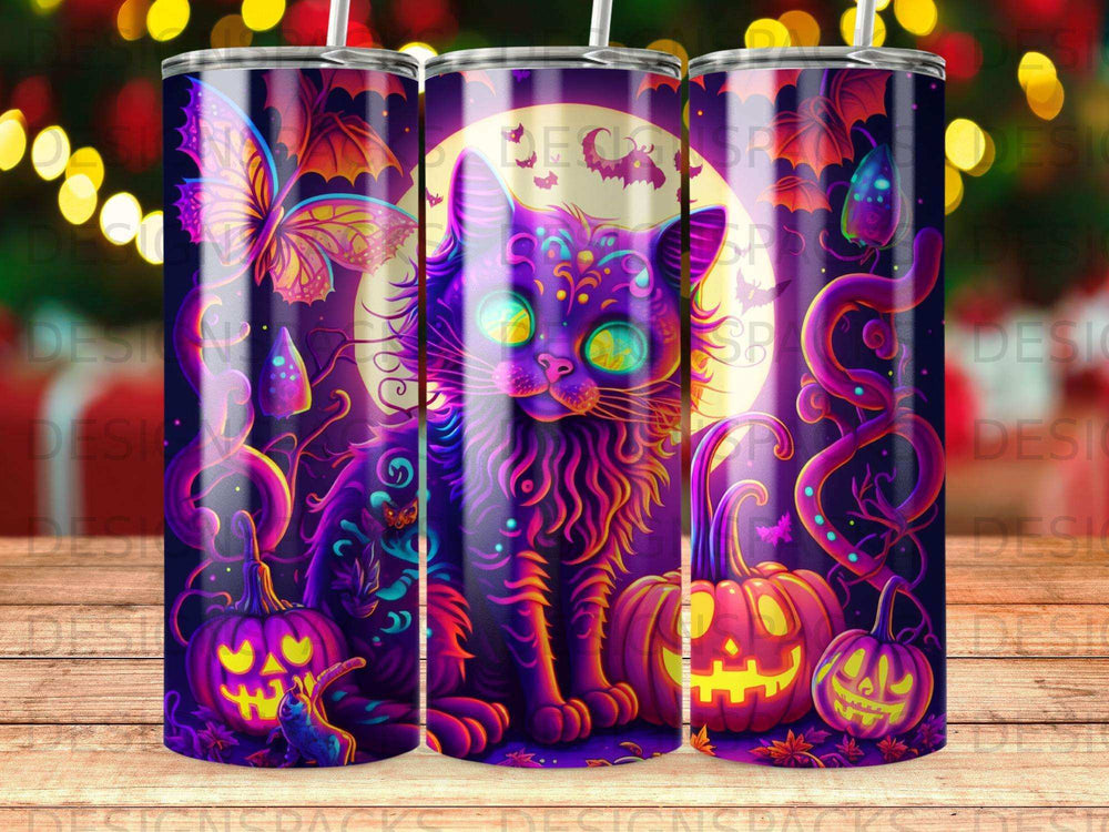 Purple cat with Halloween pumpkins and bats, moonlit night scene.