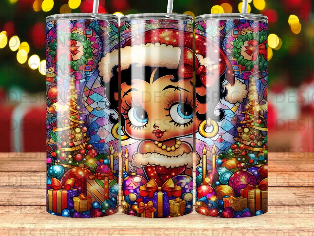 Betty Boop in Santa hat with Christmas gifts and ornaments, stained glass background.