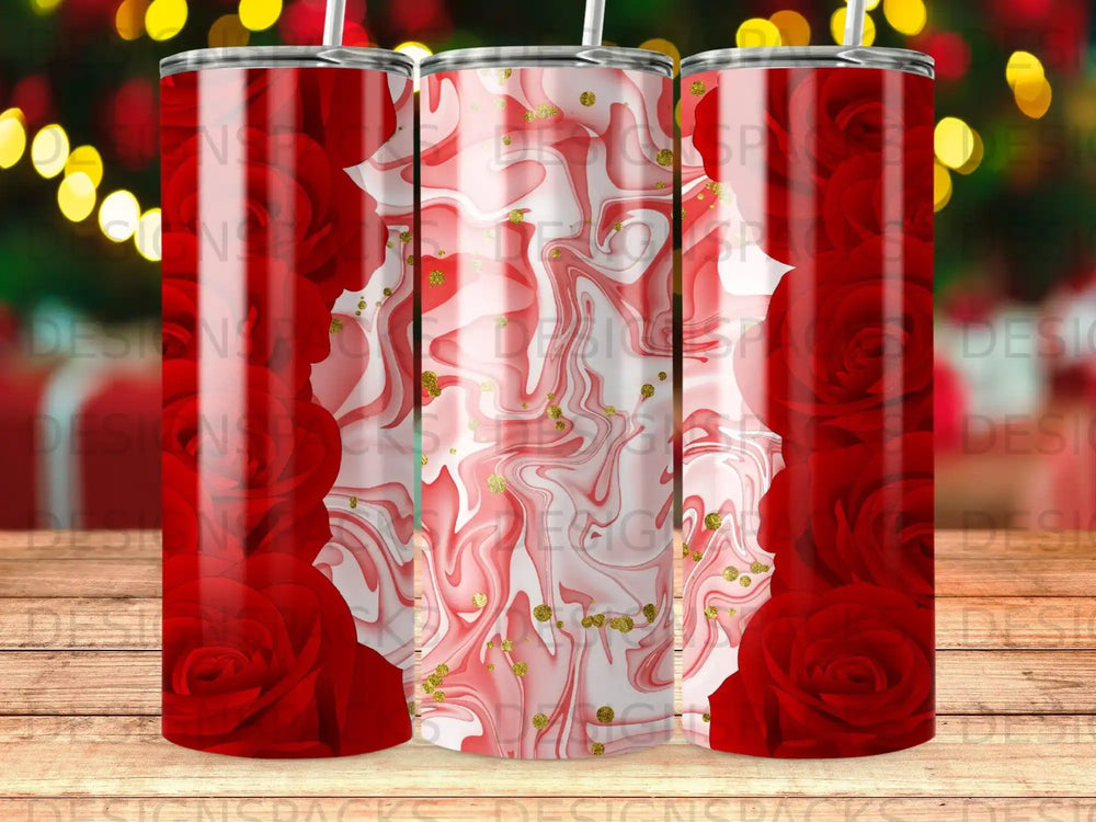 Red roses and white marble with gold marbling pattern on a tumbler.