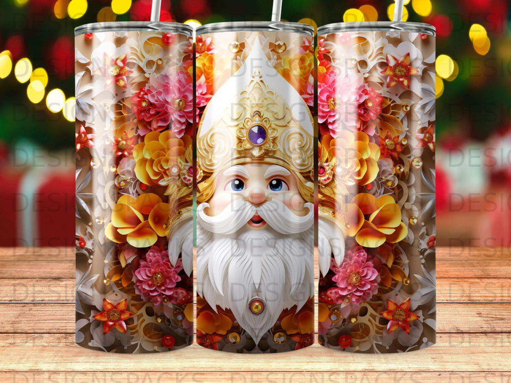 Santa Claus with ornate floral designs on a tumbler.