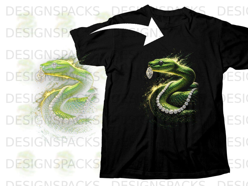 Black t-shirt with a coiled green snake wearing diamond jewelry.