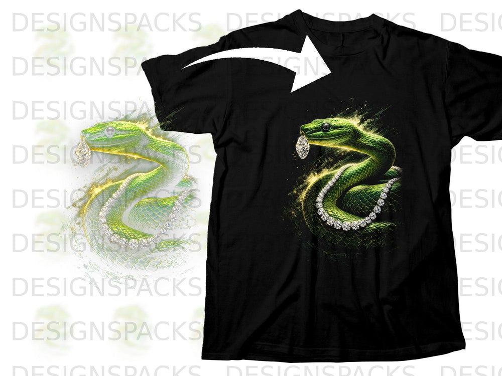 Black t-shirt with a coiled green snake wearing diamond jewelry.