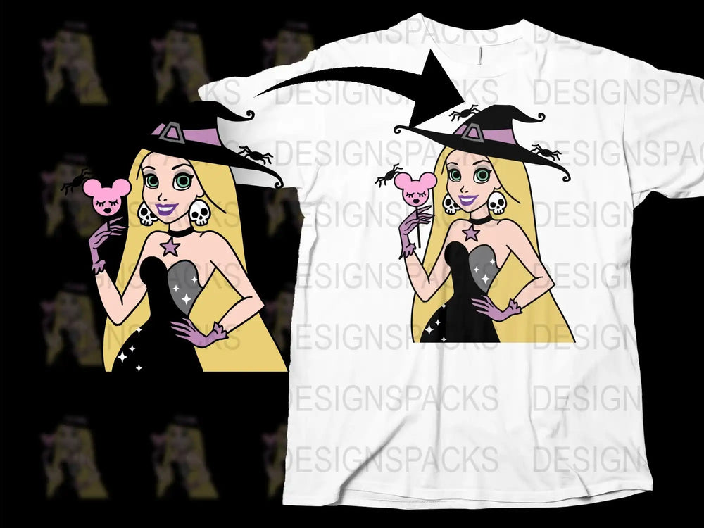 Witch Cartoon Character Halloween T-Shirt, Cute Witch Graphic Tee, Magical Witchcraft Women's Shirt, Festive Spooky Apparel