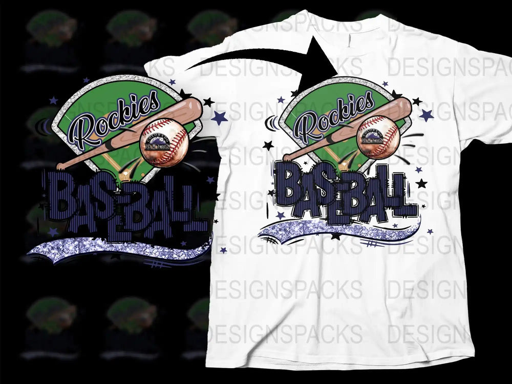 Colorado Rockies baseball t-shirt design with bat, ball, and glitter stars for DTF/DTG printing