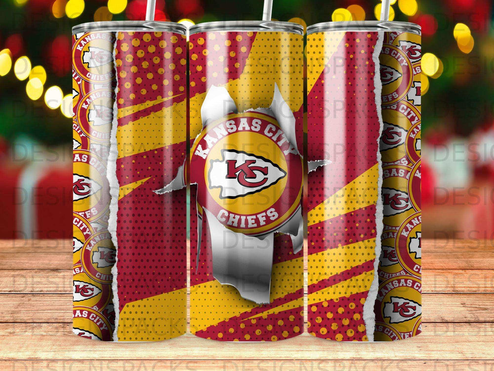 Kansas City Chiefs tumbler with red and yellow torn paper design.