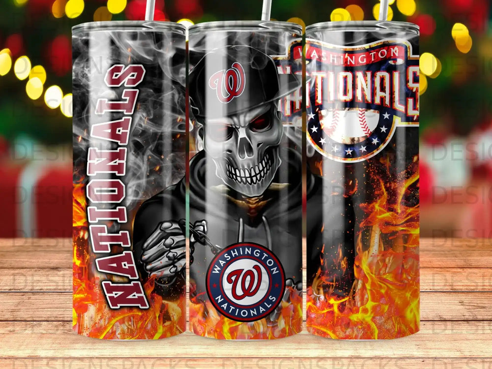 Washington Nationals tumbler with skeleton, flames, and team logo.