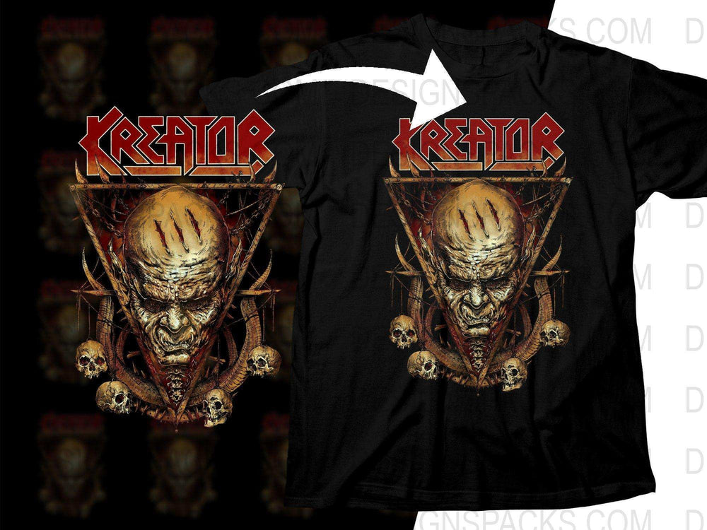 Kreator band t-shirt with skull design, print-ready for DTF/DTG, embroidery, and tumbler wraps