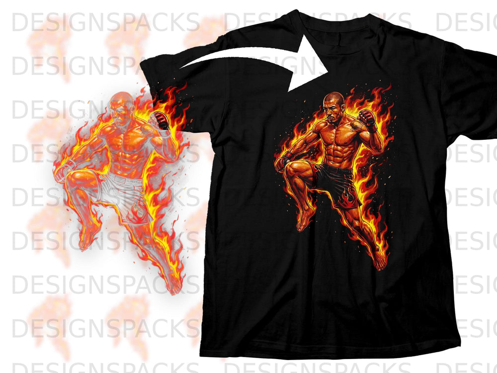 Black t-shirt with a graphic of a fighter engulfed in flames.