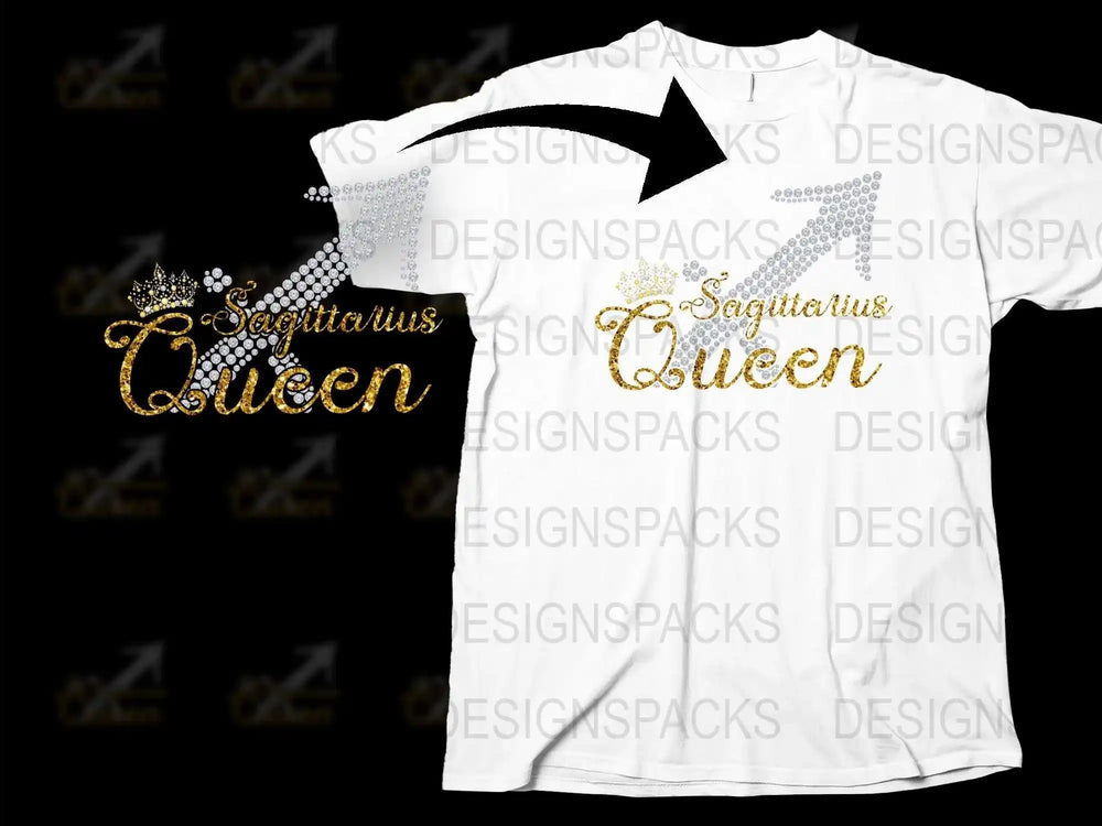 Sagittarius Queen T-Shirt, Zodiac Sign Glitter Gold White Tee, Astrology Birthday Gift for Her, Women's Fashion Top