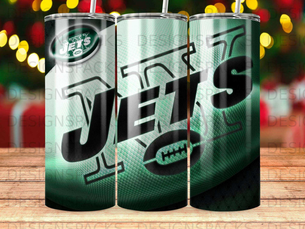 New York Jets logo and team name on a green textured tumbler.