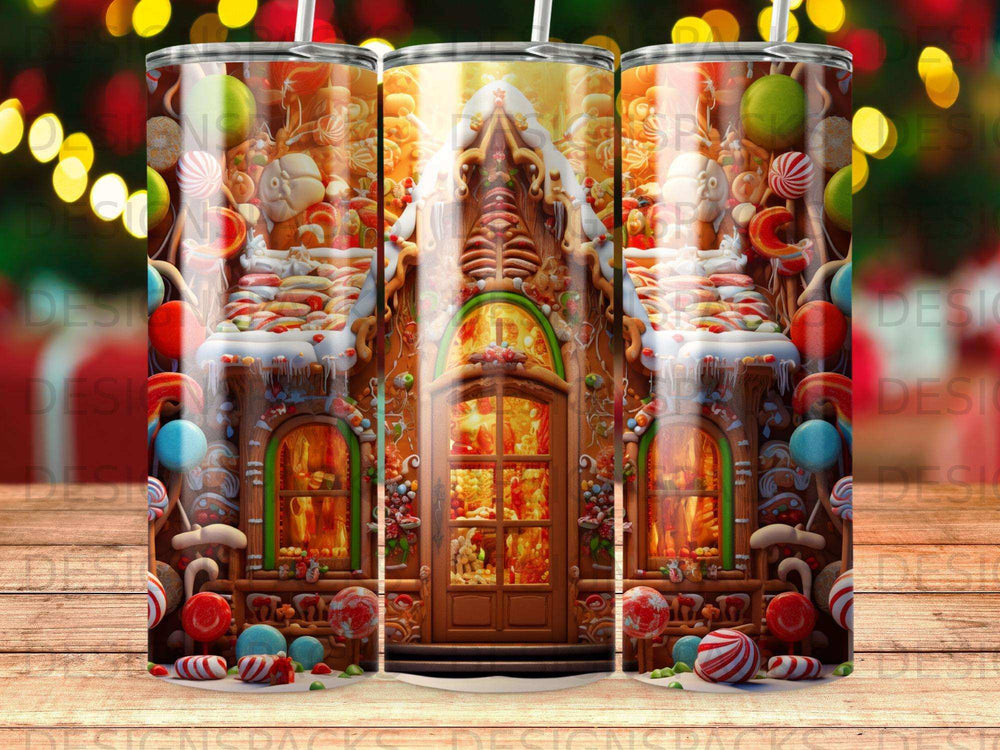 Gingerbread house tumbler with candy decorations and festive lights.