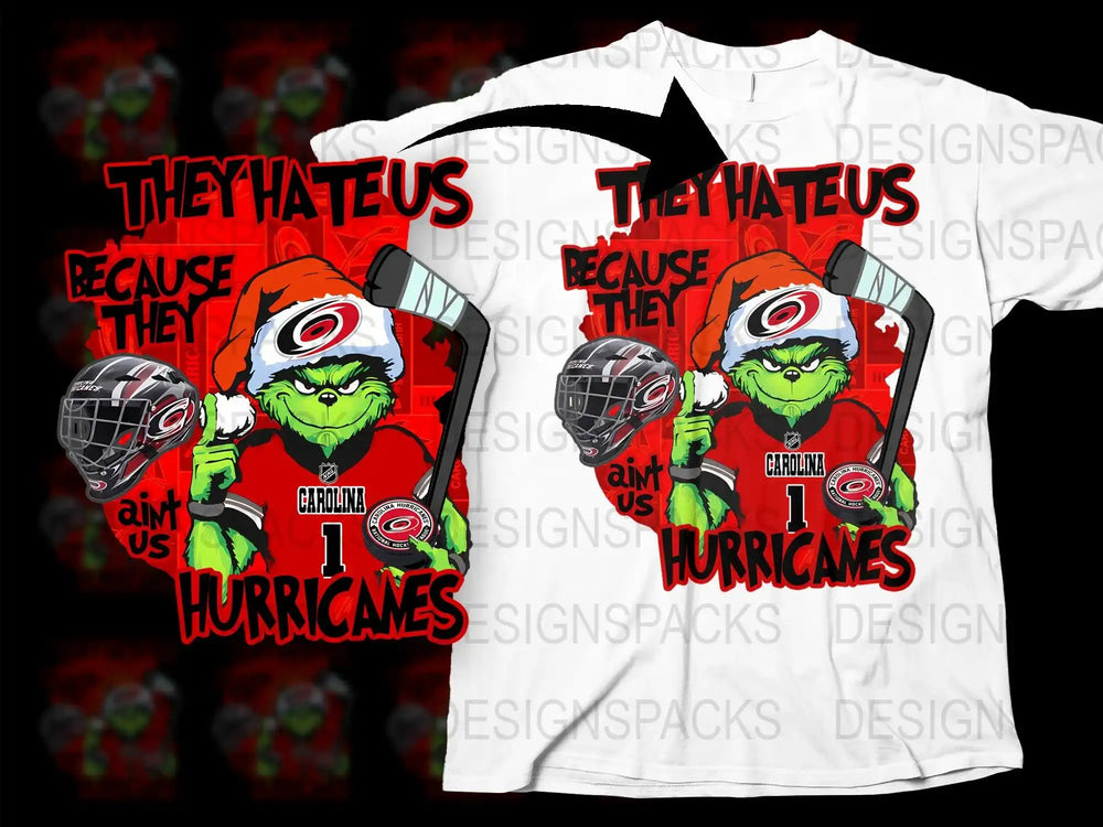 Grinch in Carolina Hurricanes jersey with hockey gear, bold text design for t-shirt