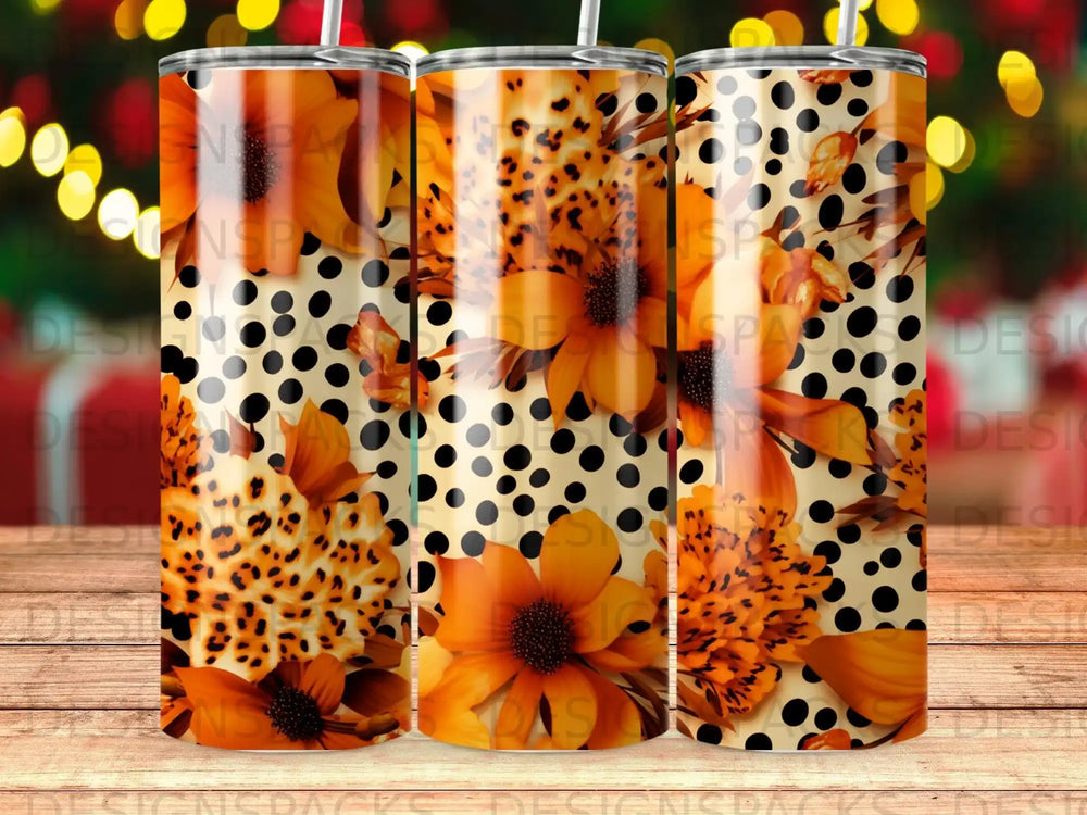 Floral and leopard print tumbler with black polka dots.