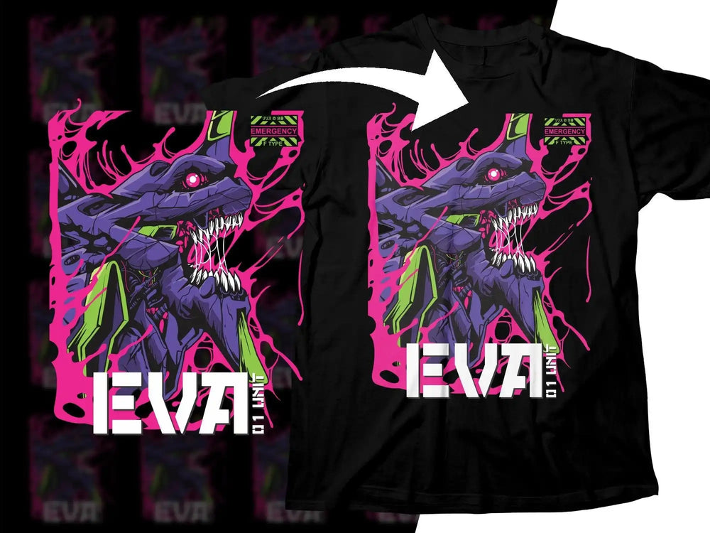 EVA 01 Unit t-shirt design with neon pink and green monster graphic, print-ready for DTG or DTF.