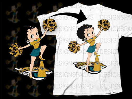 Betty Boop Jaguars cheerleader design on white t-shirt with pom-poms and team logo