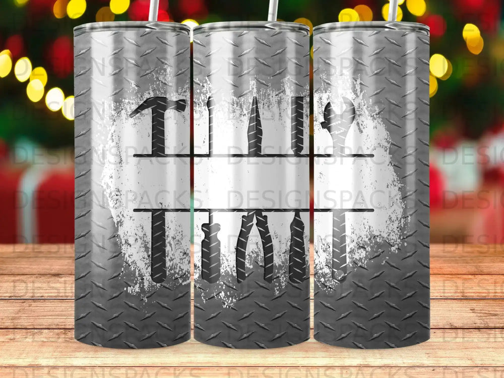 Tool graphic on a textured tumbler with a brushed metal background.