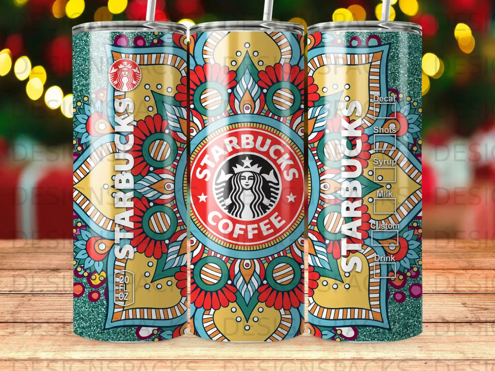 Starbucks tumbler with mandala design and menu options: Decaf, Shots, Syrup, Milk, Custom, Drink.