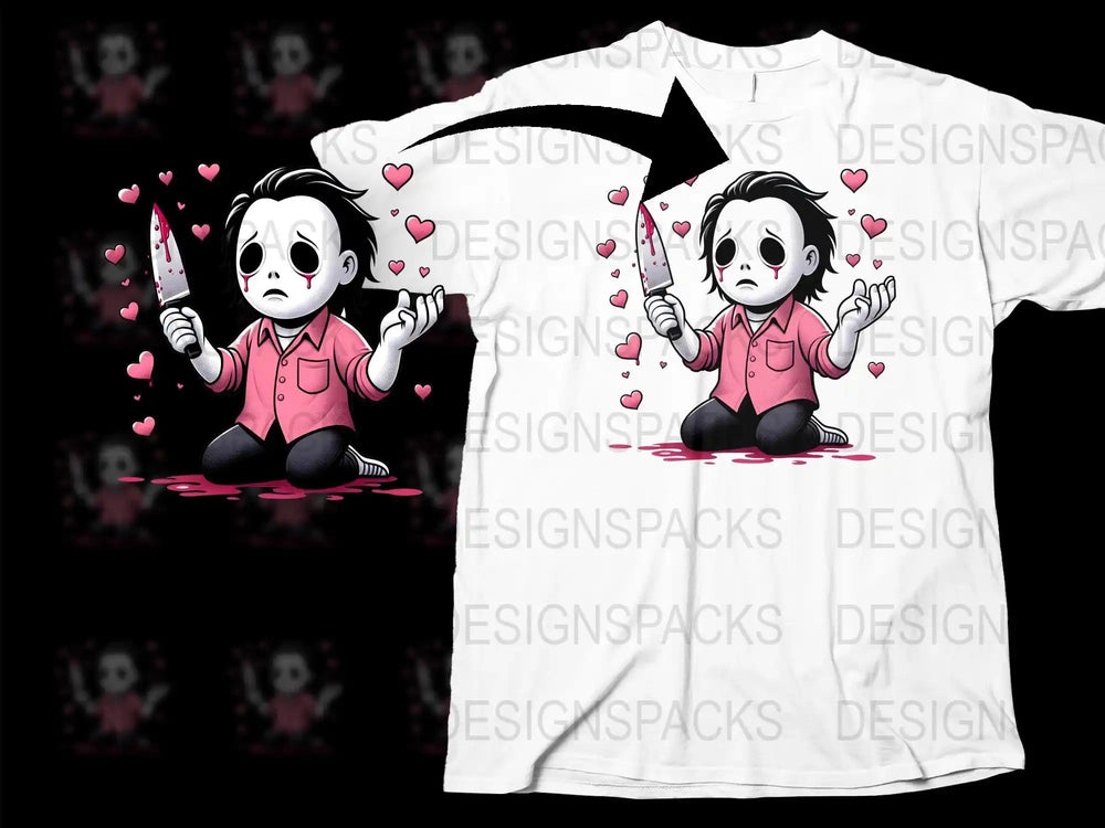 Cute horror t-shirt design with crying character holding knife, pink hearts, blood puddle – print-ready PNG SVG