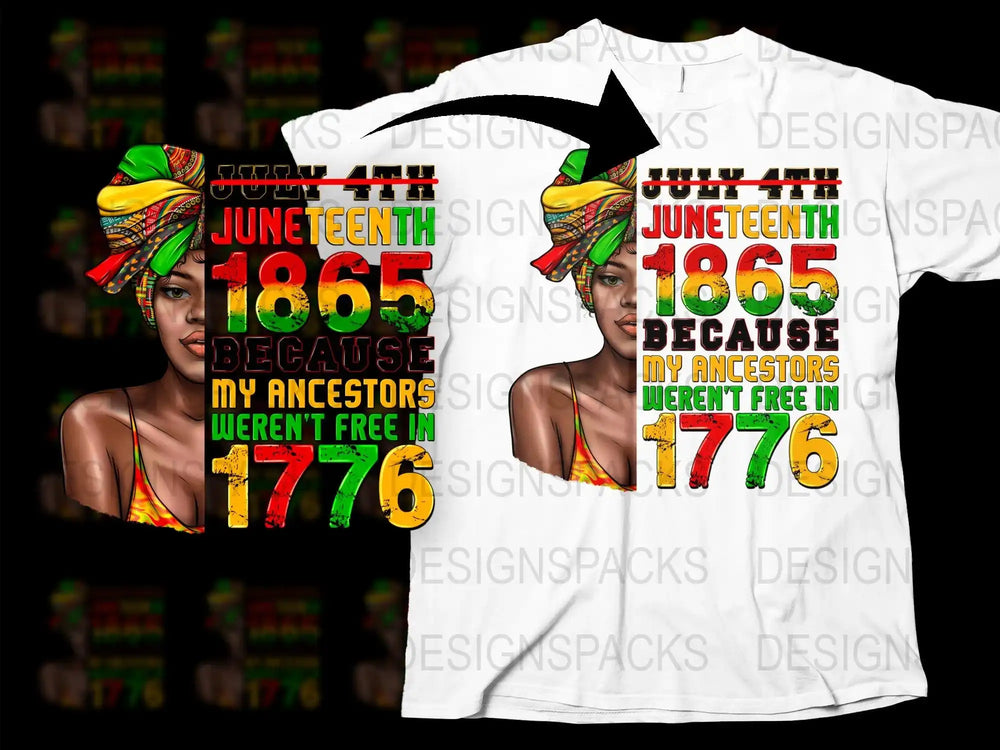 Juneteenth 1865 t-shirt design with African American woman and bold text celebrating freedom.