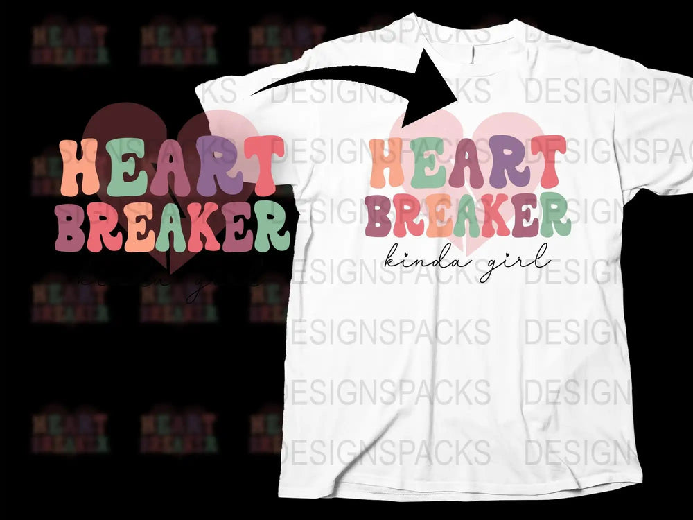 Heart Breaker kinda girl t-shirt design, colorful text with pastel hearts, print-ready SVG/PNG for DTG/DTF