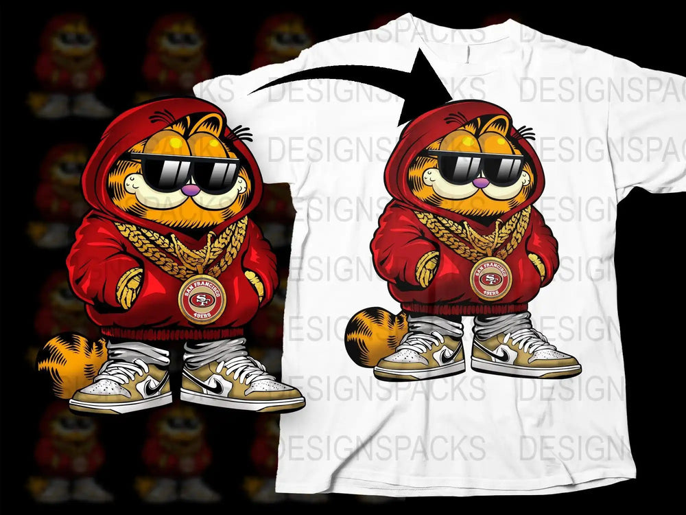 Garfield in red hoodie, sunglasses, gold chain, and 49ers medallion on white t-shirt design